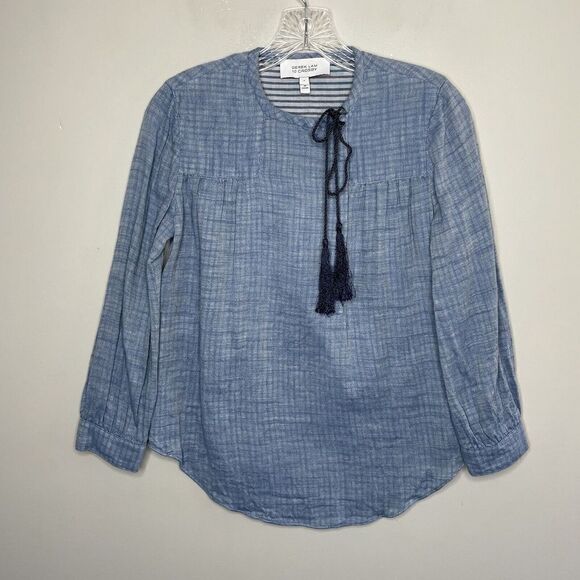 DEREK LAM 10 CROSBY Womens Chambray Top Sz 4 Tie-Detail Popover Tassels Cotton - Picture 2 of 9